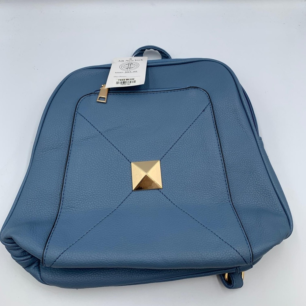 AR New York 7822 PU Fashionable Backpack Blue Faux Leather Gold Stud Zipper